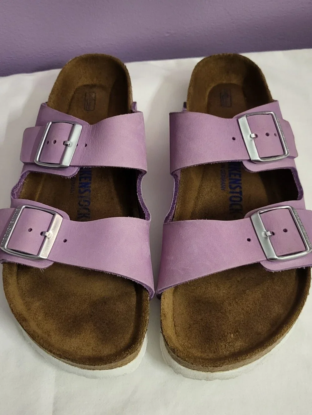 Birkenstock Women’s Lilac Arizona Suede Two-Strap Sandal